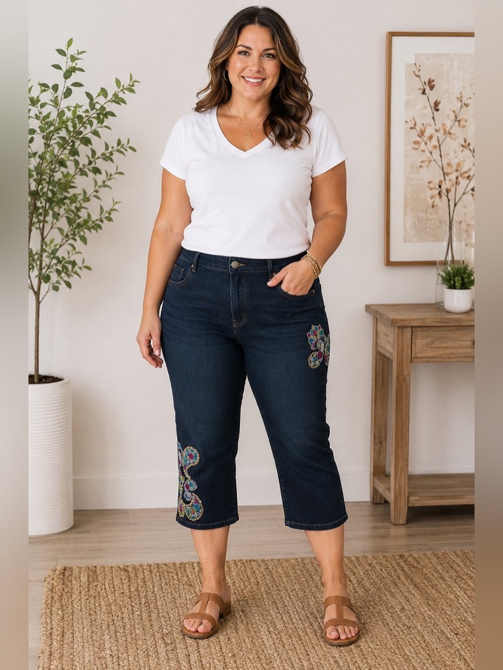Denim 24/7 Woman Within Jeans Women’s 22W Dark Wash Embroidered Sequin Capris